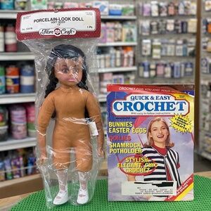 Vintage Fibre Craft Porcelain Look Doll + 1993 Quick & Easy Crochet Book Easter
